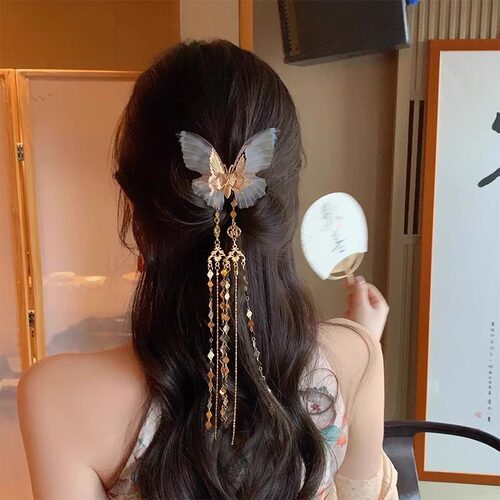 新中式民族风蝴蝶发夹女长款流苏吊坠发饰超仙小众拍照头饰夹子