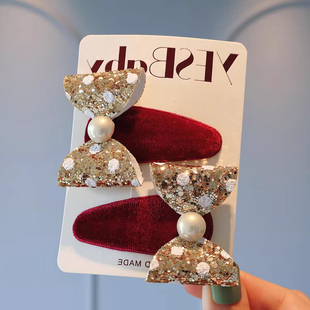 高级感丝绒红色碎发夹儿童气质闪亮蝴蝶结小女孩新年刘海侧边边夹