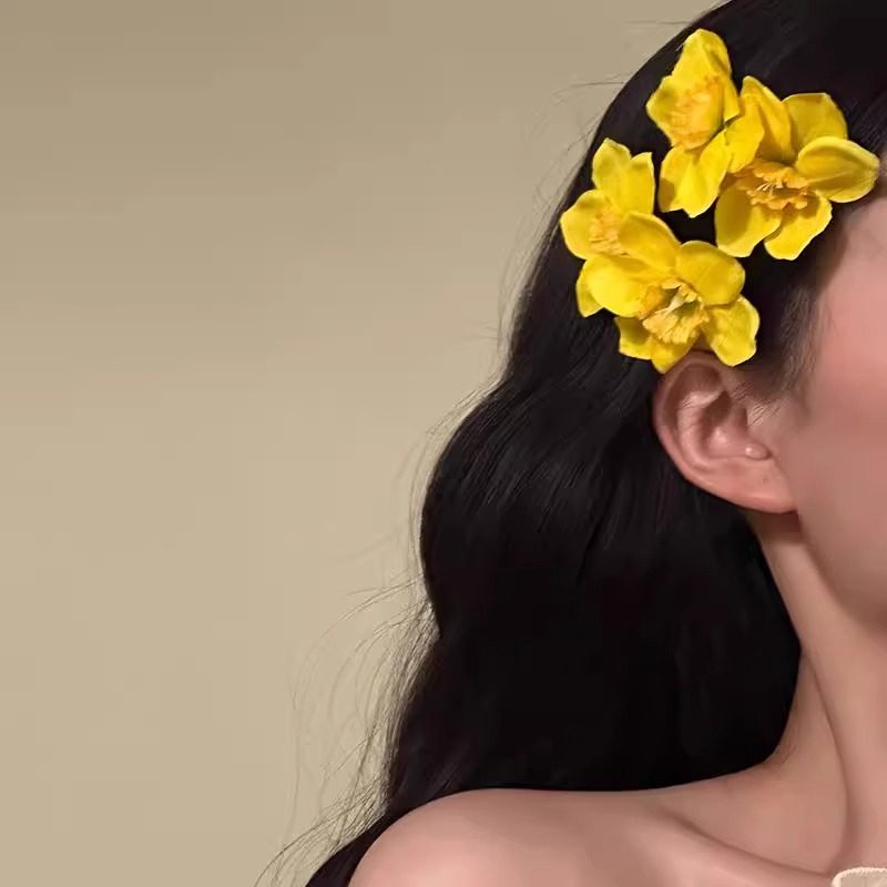 超仙多巴胺黄色双生花发夹!甜美可爱边夹氛围感刘海夹盘发器发卡