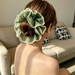 绿波点米白蕾丝花边大肠发圈女双层网纱透气发绳低马尾丸子头发饰