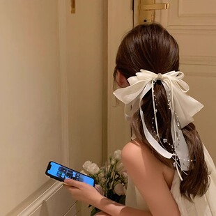 森系超仙蝴蝶结飘带发夹女2024新款 后脑勺大号布艺高级感鸭嘴夹
