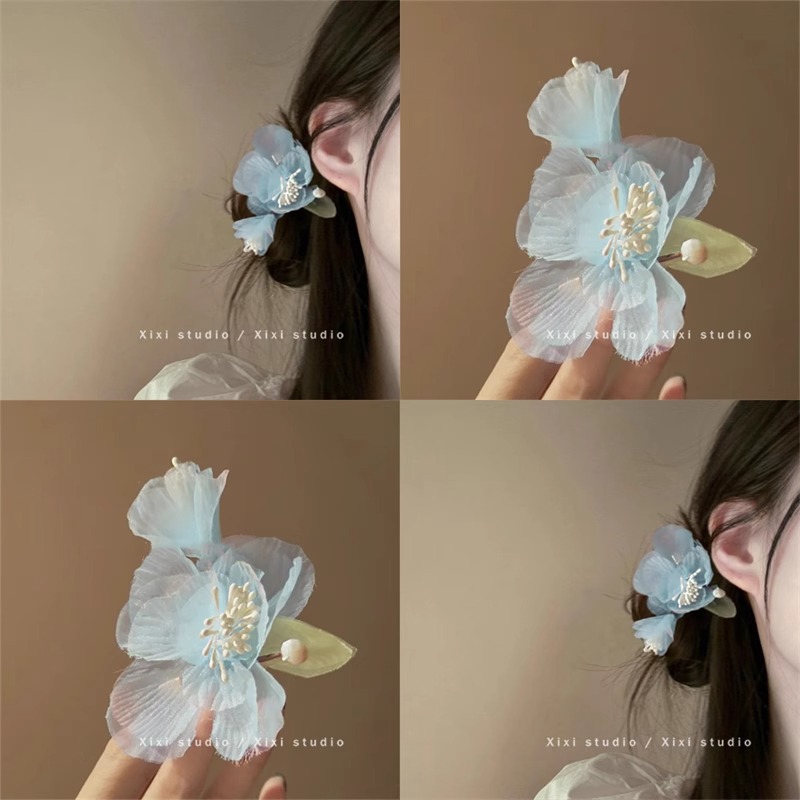 超仙蓝色绢纱花朵发夹女古风汉服配饰头饰2025新款森系刘海发饰