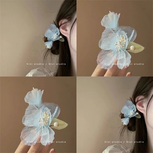 超仙蓝色绢纱花朵发夹女古风汉服配饰头饰2025新款森系刘海发饰