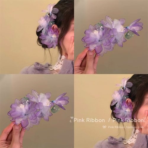 繁花似锦~春夏超仙紫色花朵发夹女鸭嘴夹氛围感拍照新中式发饰