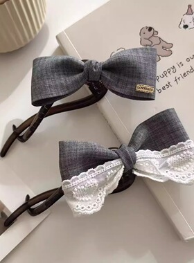 Miu系灰色蝴蝶结一字发夹女2025新款高端抓夹后脑勺扭扭夹发饰女