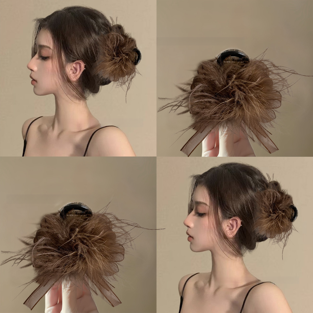 设计感网纱羽毛抓夹女气质百搭发夹半扎发盘发鲨鱼夹显发量头饰新