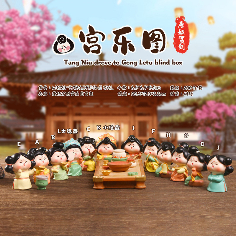 国潮风唐妞驾到宫乐图盲盒可爱Q版宫廷风美女树脂装饰品摆件礼物