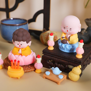 中式办公室桌面车载摆件莲花小佛祖木鱼弥勒软胶玩偶 工位小神仙