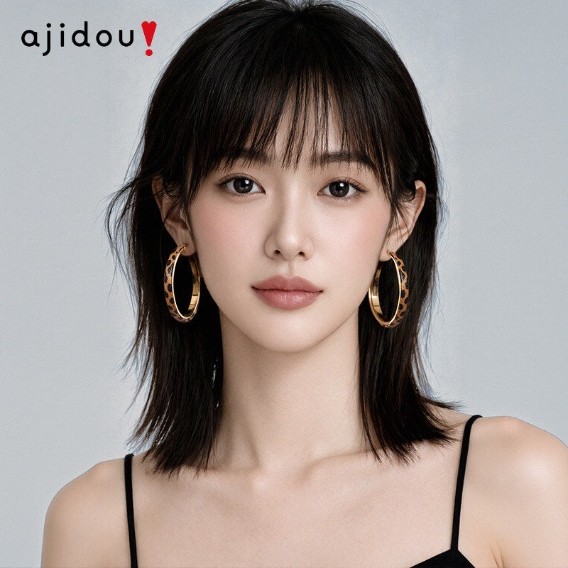 阿吉豆AJIDOU耳环女豹纹复古圈圈港风棕色大耳圈夸张设计耳环耳饰