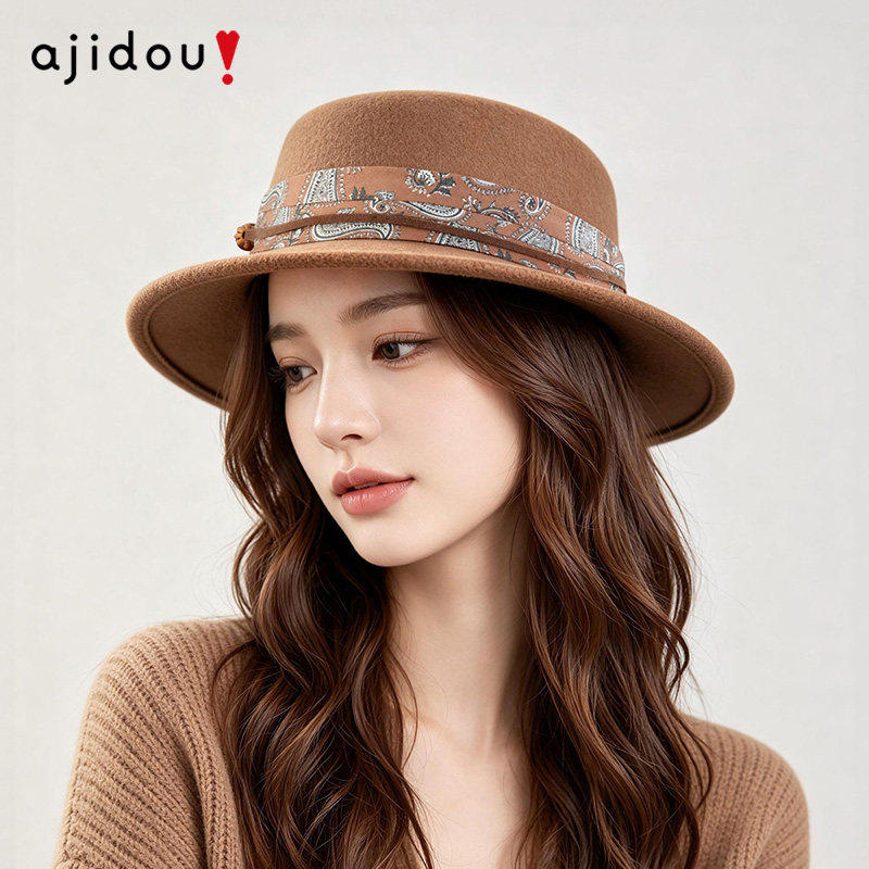 阿吉豆AJIDOU帽子女100%羊毛花缎雅颂礼帽英伦复古气质赫本风毡帽