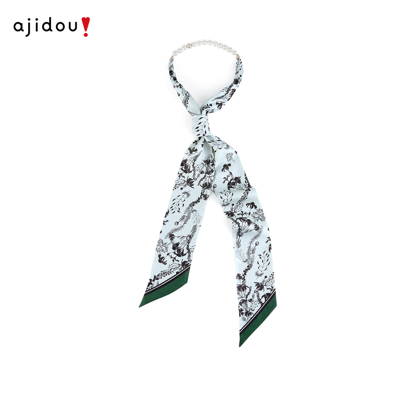 AJIDOU阿吉豆100%桑蚕丝飘带花卉印花珍珠串珠复古丝巾