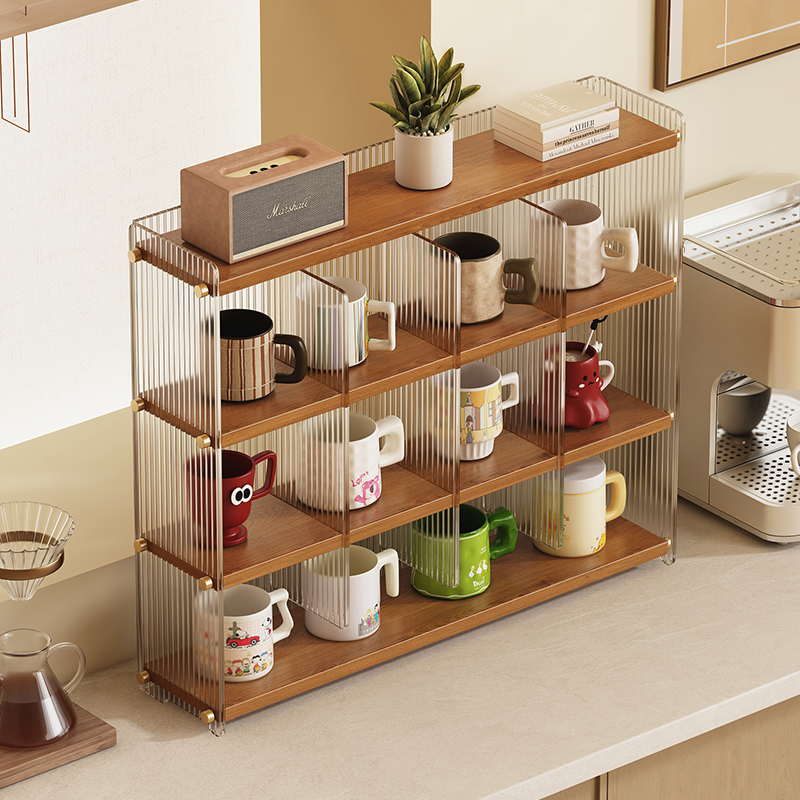 实木压克力杯子收纳桌面水杯茶杯马克咖啡杯防尘九宫格杯架置物架