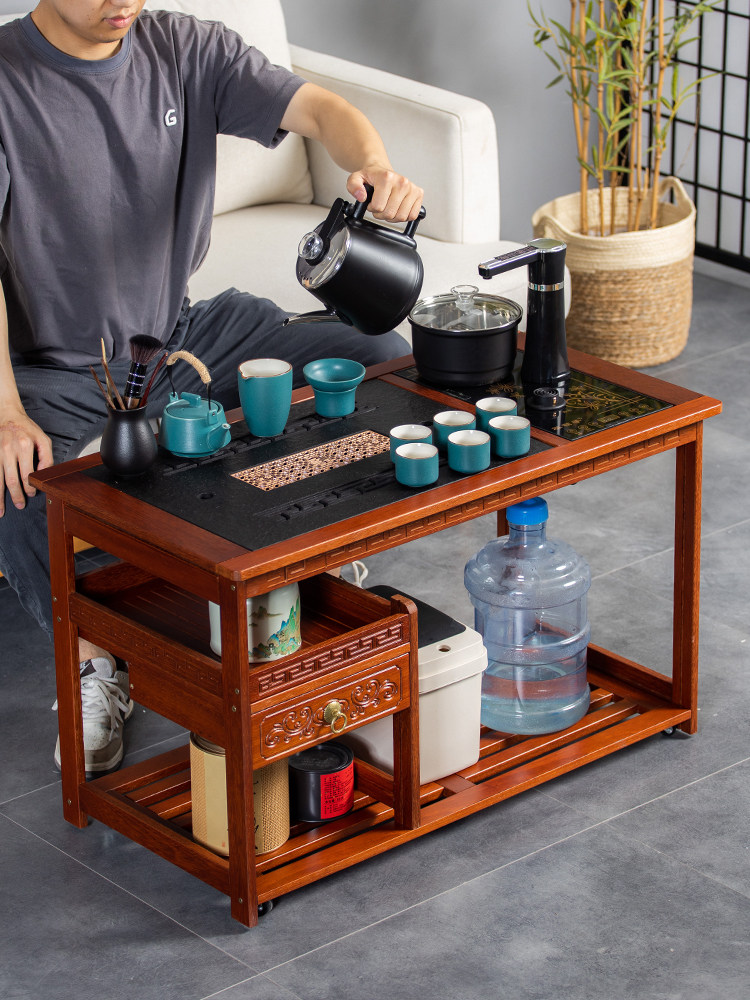 红檀实木移动茶桌茶台茶具套装家用简约中式茶车茶水柜烧水壶一体