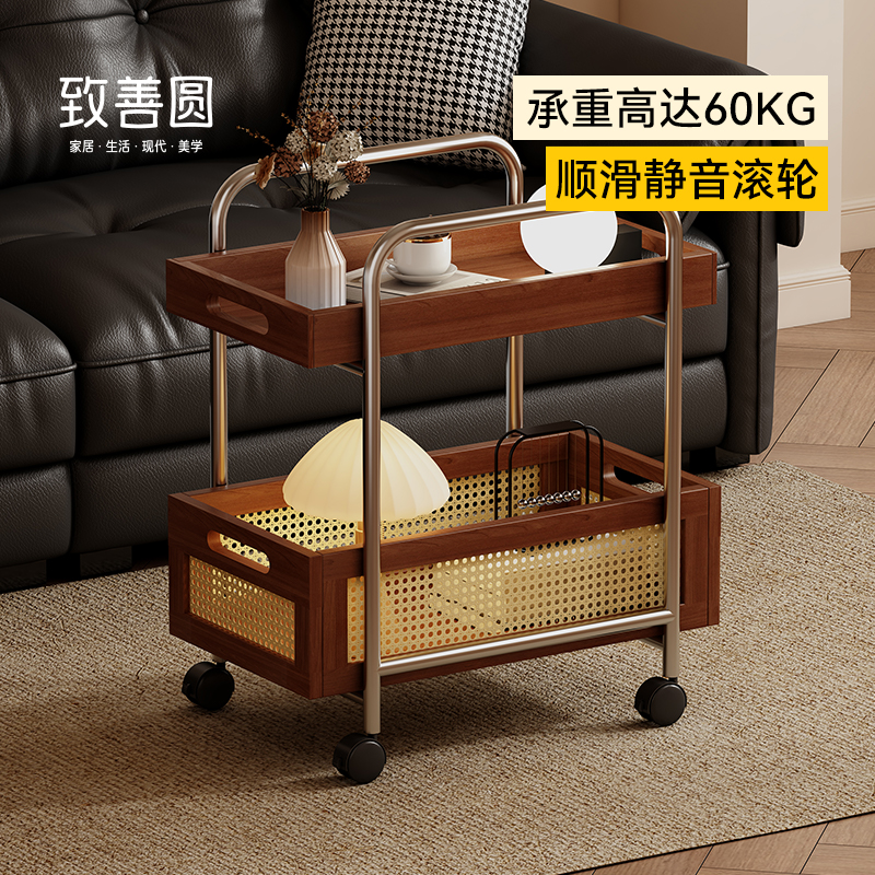 实木可移动边几不锈钢收纳中古小推车客厅储物藤编置物架简约餐车