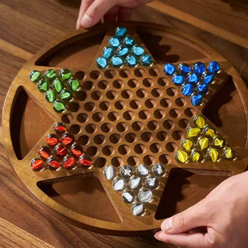 跳棋玻璃球儿童益智木质二合一棋盘大号大人版亲子弹子玛瑙珠跳棋