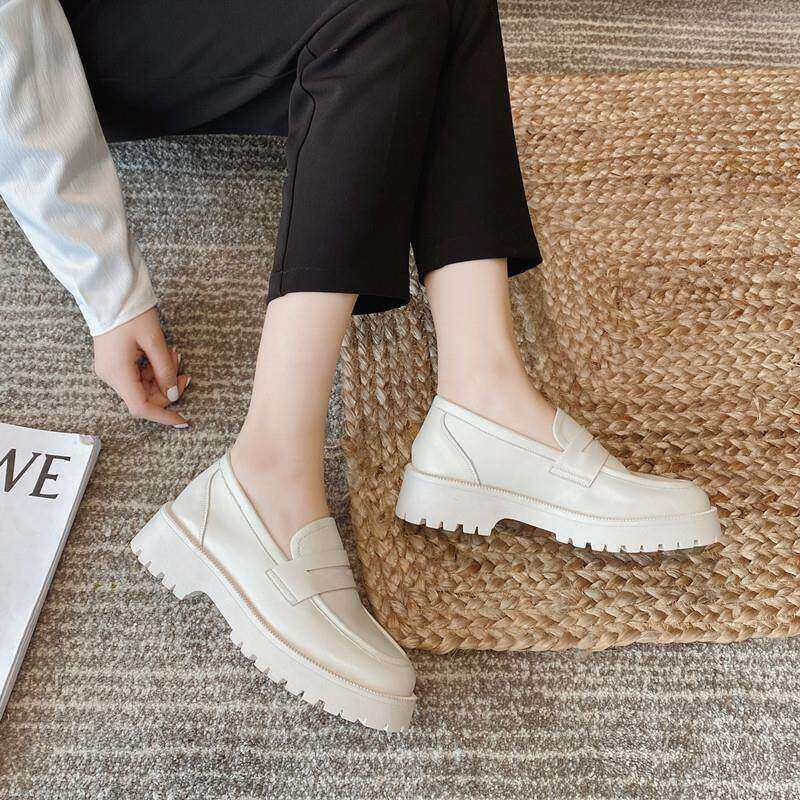 英伦风套脚单鞋女厚底增高小白鞋款 学院风百搭通勤春季真皮