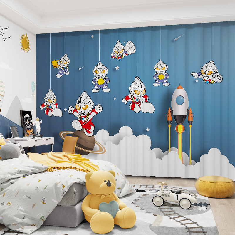 卡通奥特曼定制窗帘咸蛋超人儿童房遮光男孩卧室飘窗免打孔短帘子