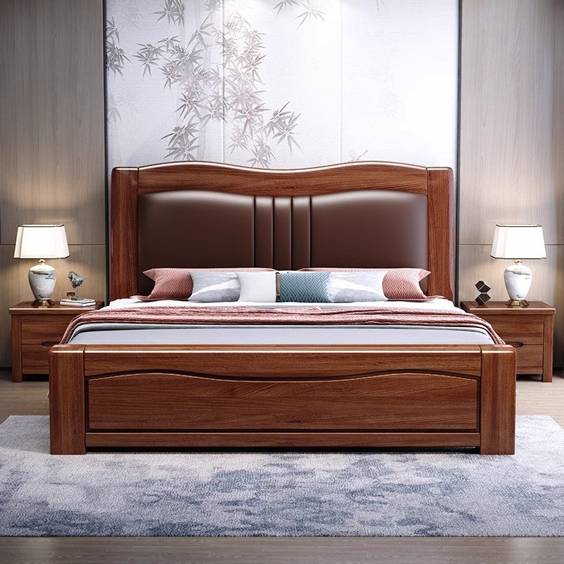 中式实木床软靠现代简约双人床1米8胡桃木加厚1.S5米储物主卧家具