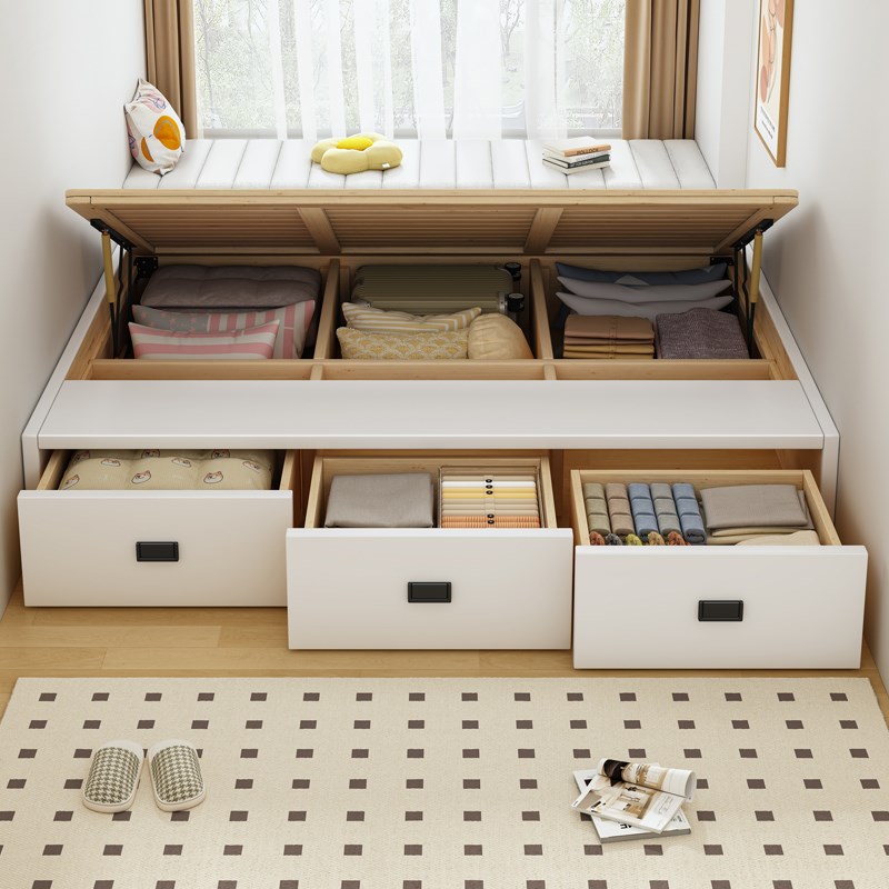 无床头实木榻榻米收纳o床主卧1.8m静音双人床小户型侧压三抽收纳