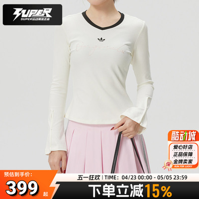 阿迪达斯三叶草女装2026春季新款运动休闲V领时尚长袖T恤衫KS2382