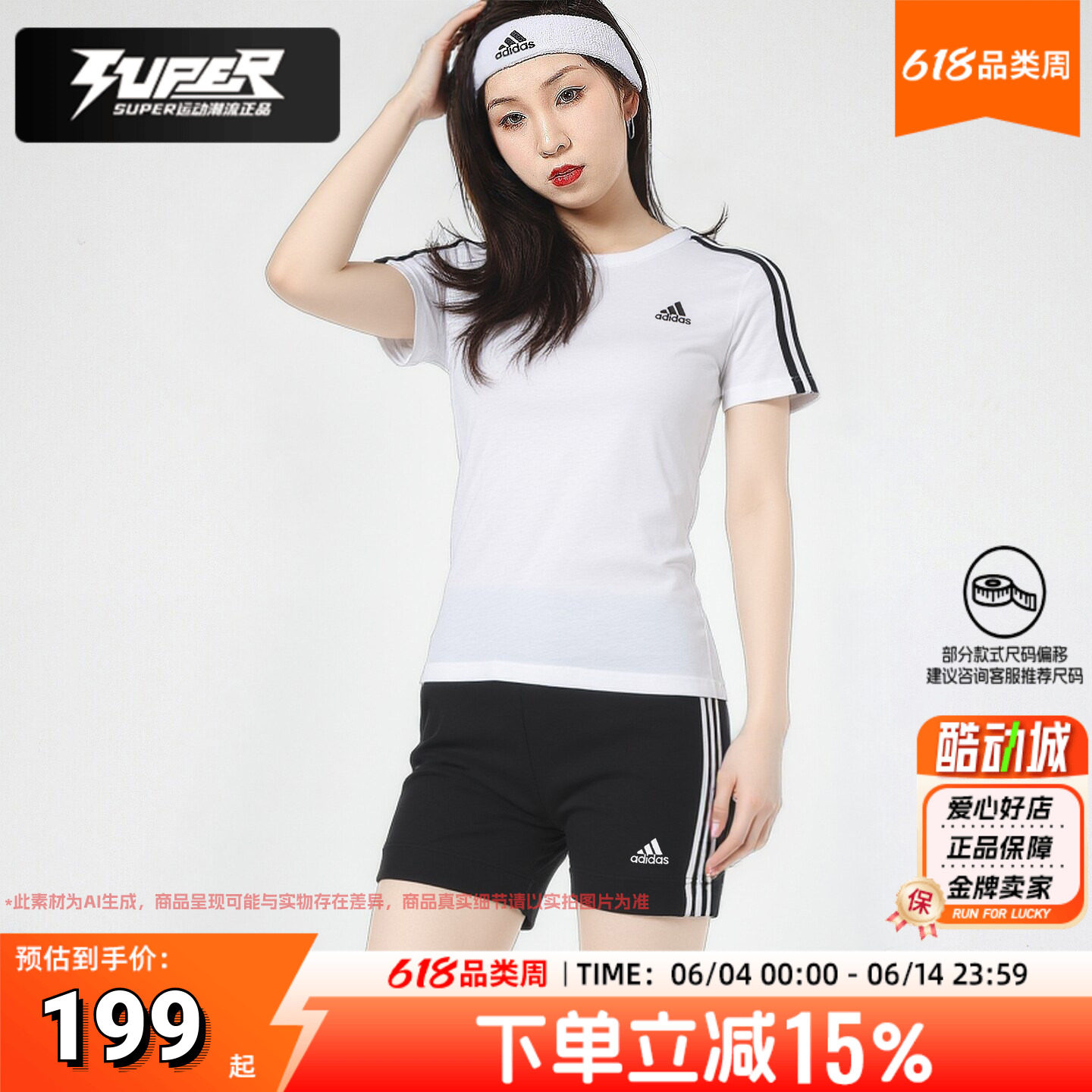 阿迪达斯女士短袖短裤黑白上下装两件套夏季圆领修身T恤衫运动服