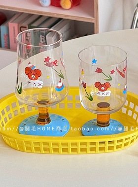 韩国ins可爱手绘卡通插画玻璃高脚杯情侣酒杯果汁饮料红酒香槟杯