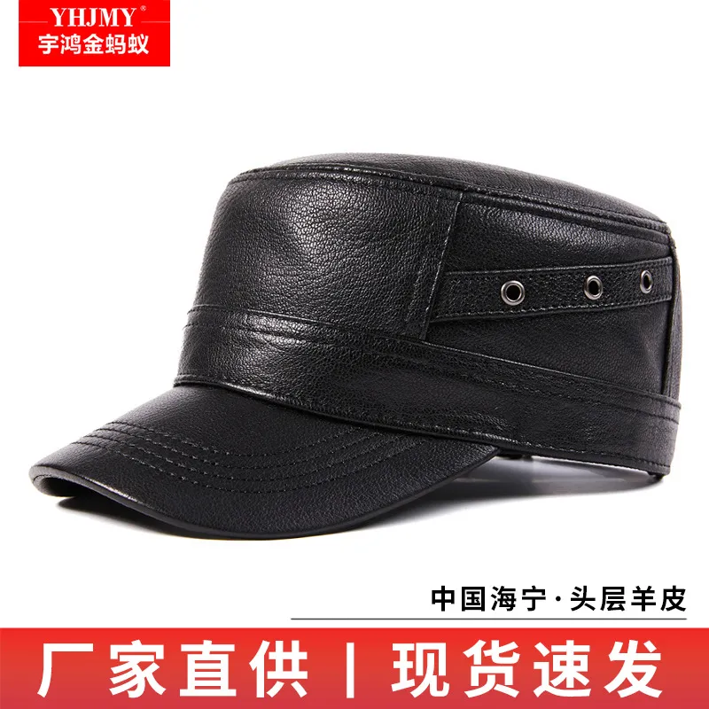 真皮帽子男士春秋户外平顶单帽中老年人羊皮鸭舌帽休闲老人老头帽