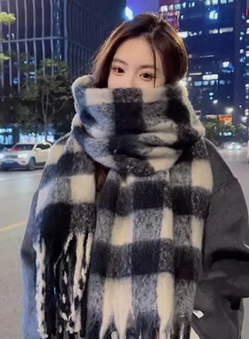虞书欣同款马海毛呢蓝咖格子围巾