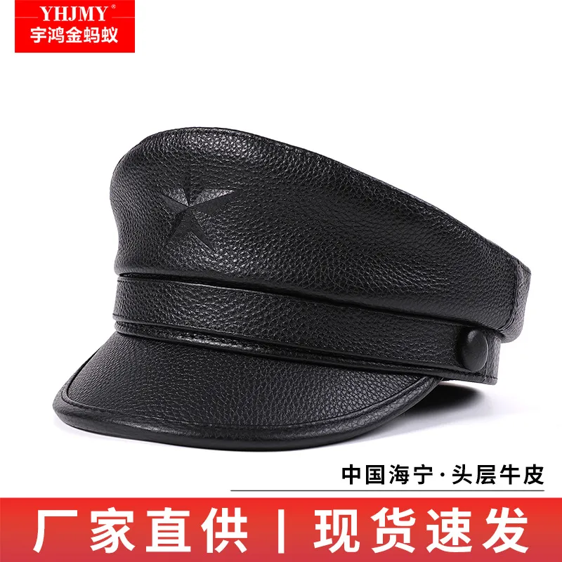 中老年男秋冬季时尚牛皮真皮鸭舌帽韩版潮复古简约英伦贝雷平顶帽