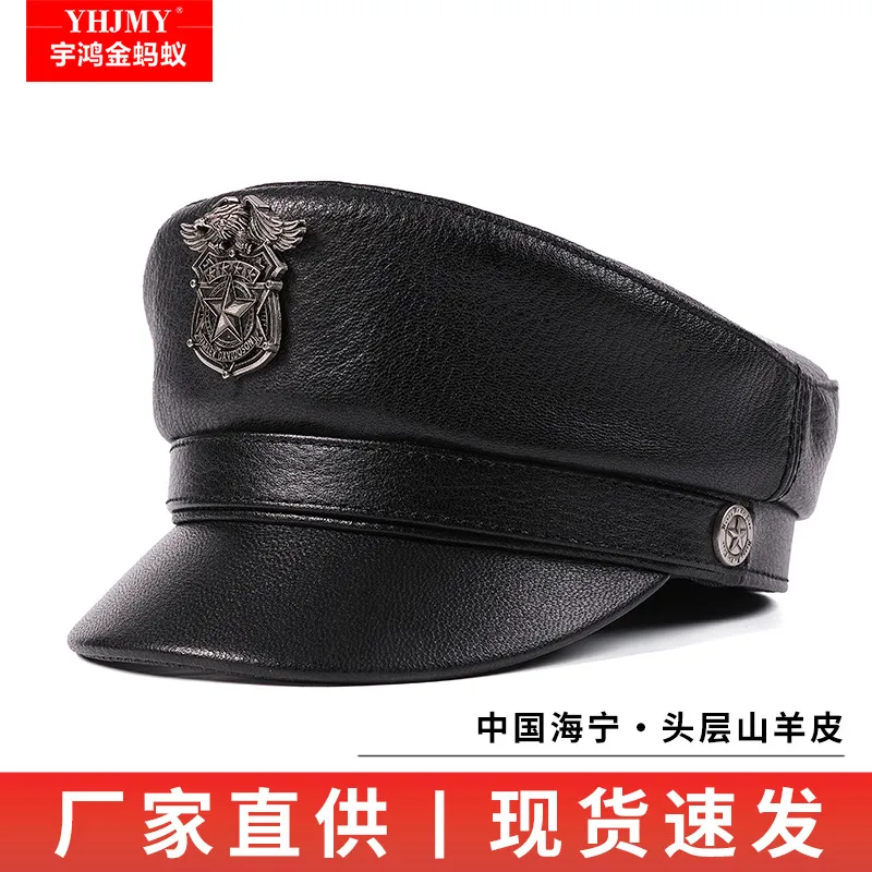 中老年人机车款真皮帽子男士春秋德式哈雷皮帽做旧复古水手船长帽