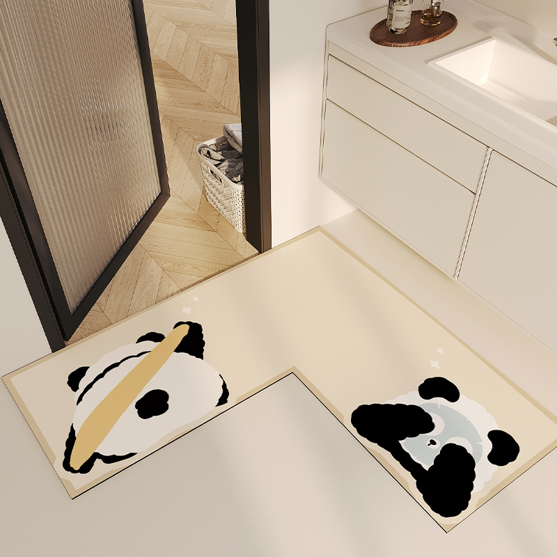 卡通熊猫l型浴室地垫主卧卫生间门口直角硅藻泥超吸水拐角防滑垫