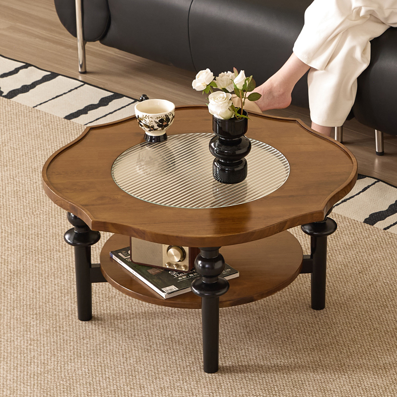 莲花茶几中古实木法式复古圆桌