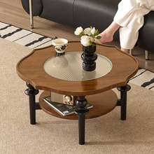 中古实木茶几客厅家用轻奢高级感花边玻璃茶几法式复古创意圆桌