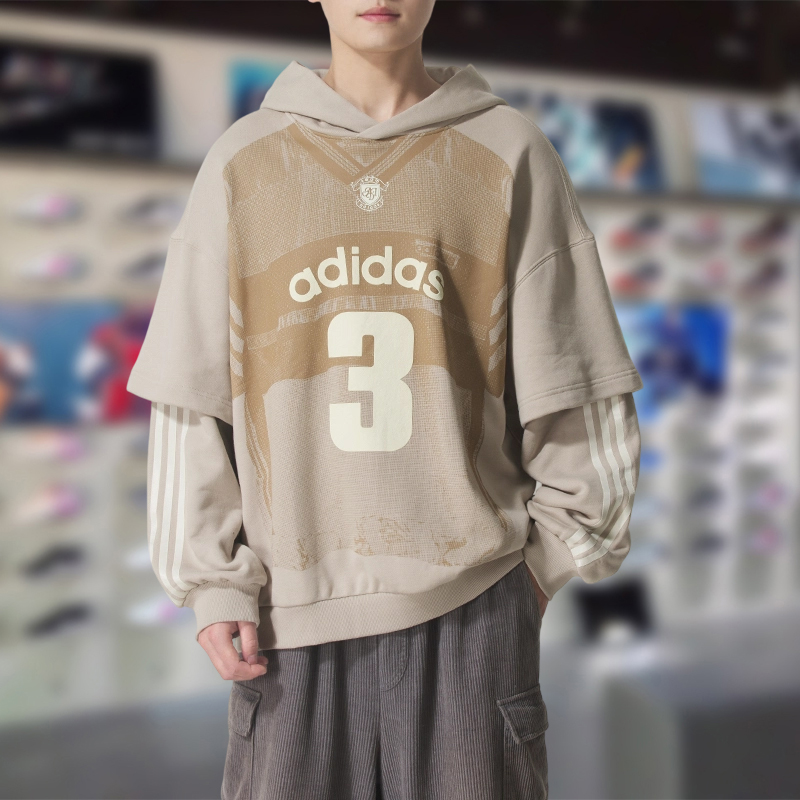 阿迪达斯三叶草男子卫衣2025冬季新款假两件连帽休闲套头衫KC2608