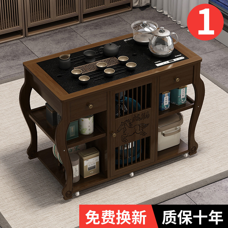 移动茶台家用阳台实木茶桌茶几茶具套装带轮茶车茶水柜烧水壶一体