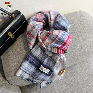 啄木鸟时尚蓝红格100%羊毛围巾女冬季学生高级感保暖围脖生日礼物