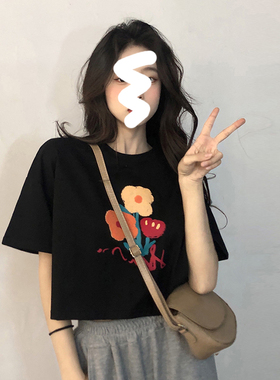 短袖女2026年新款黑色短款宽松显瘦高腰t恤潮牌纯棉女甜辣小上衣
