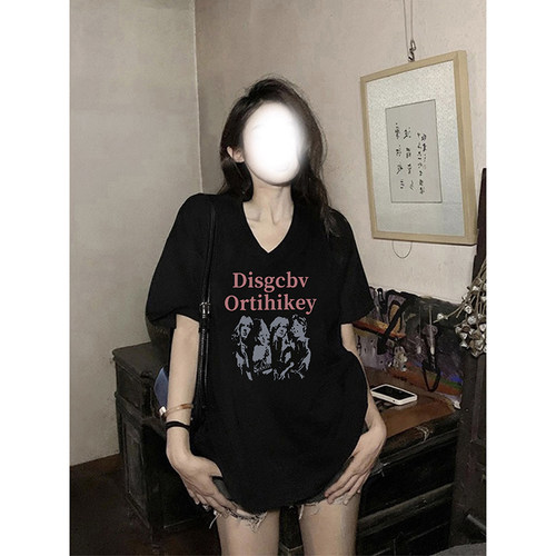 美式复古黑色短袖t恤女