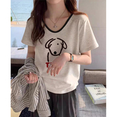 女装 胖mm设计感v领显瘦修身 正肩美式 t恤女新款 休闲上衣 短袖 夏季