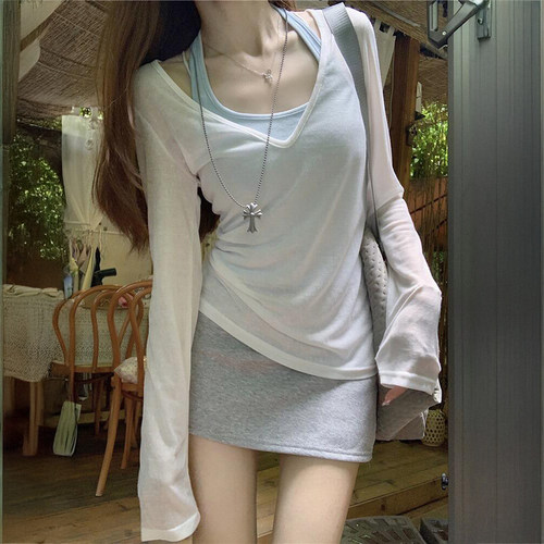 防晒罩衫女长袖薄款叠穿两件套