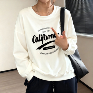 白色卫衣女款2026新款宽松无帽套头胖mm大码显瘦遮肉长袖早秋上衣