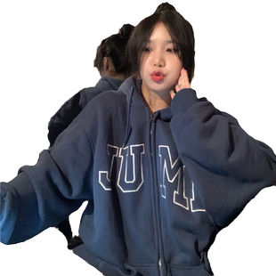 韩版宽松oversize卫衣女款胖mm大码遮肚显瘦连帽开衫外套拉链上衣