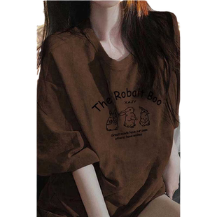 短袖女2026年新款上衣女夏天纯棉宽松显瘦棕色休闲大码t恤女潮牌