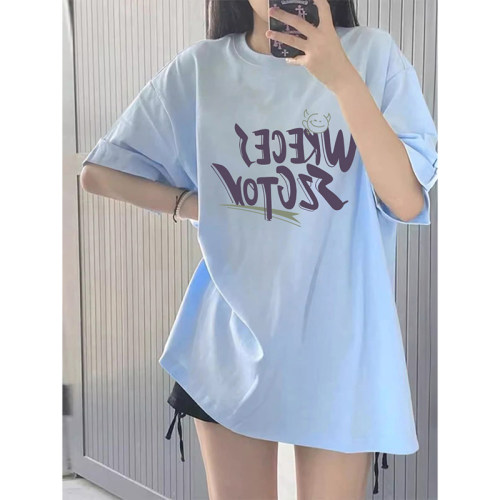 蓝色纯棉宽松显瘦上衣女