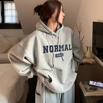 美式连帽卫衣女款秋冬加绒加厚大码中长款下摆遮屁股字母印花上衣