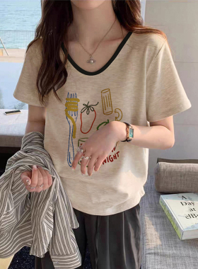 夏季女装大领口正肩短袖t恤女2026新款爆款灰色印花甜辣小上衣女