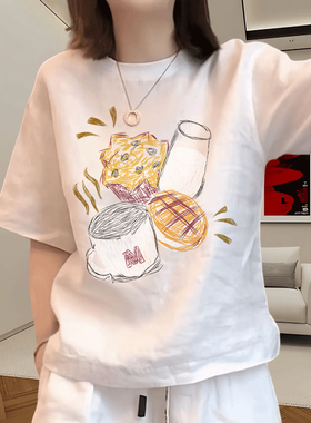 正肩短袖女t恤2026新款卡通印花圆领女士休闲白色上衣女夏季衣服