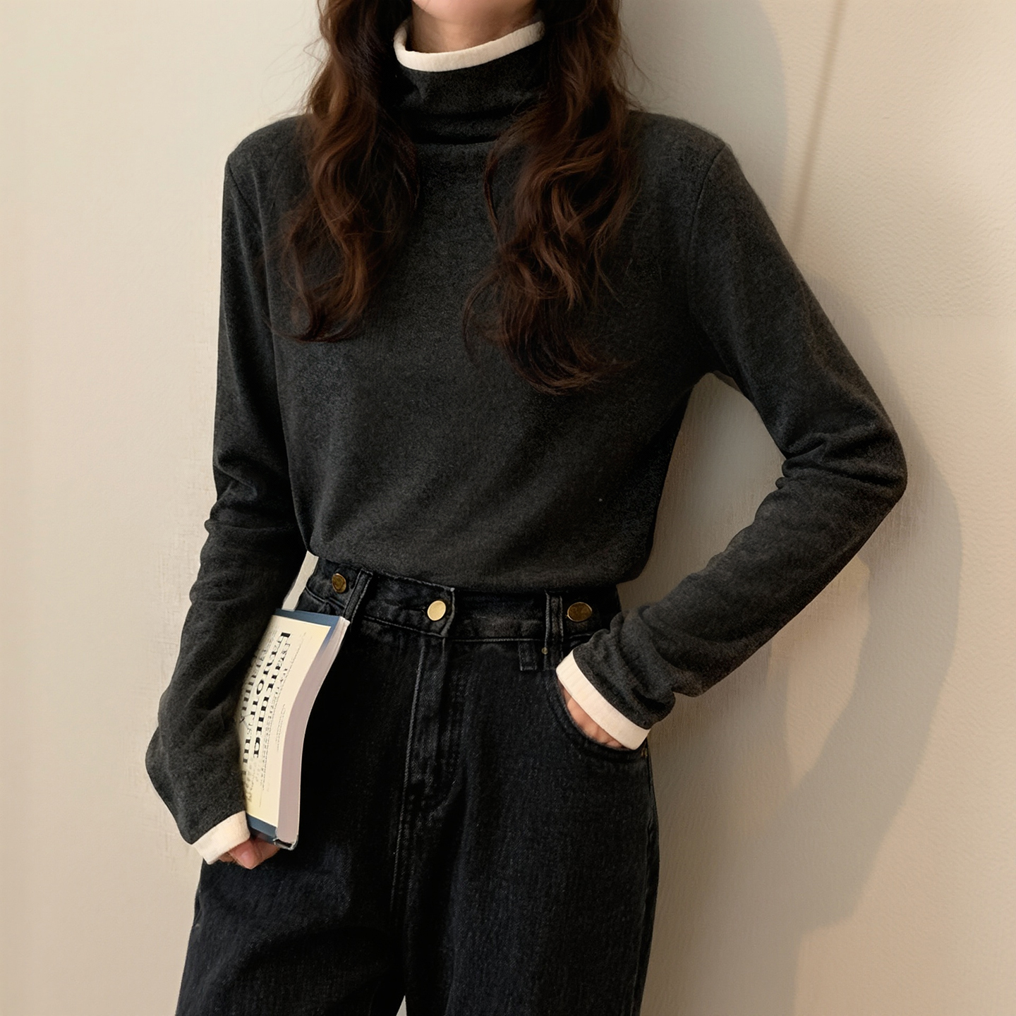 双面磨毛德绒打底衫女内搭半高领