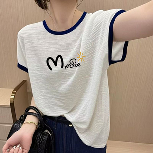 白色竹节棉t恤女2025新款 胖mm显瘦 v领撞色短袖 宽松慵懒风上衣大码