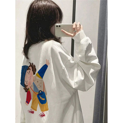 Spring American Retro White Long-Sleeved T-Shirt, Plus-Size Women's Loose-Fitting Slimming Design Top, Inner Layering Shirt